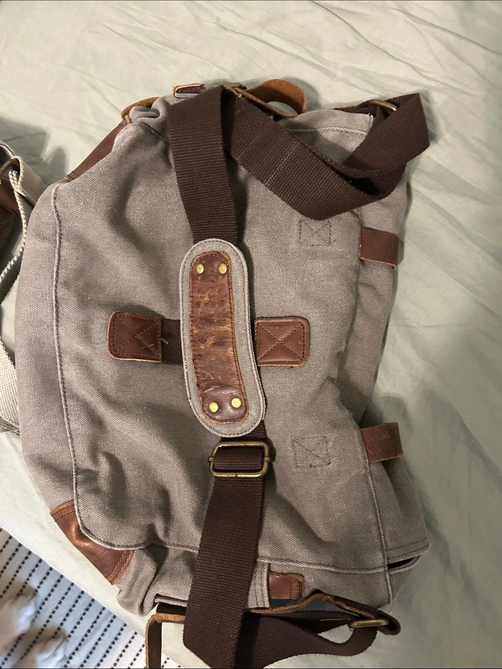 Peace Chaos Canvas Messenger Bag with Brown Leather Straps